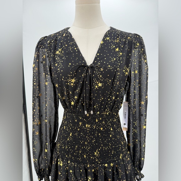 AQUA Star Print Smocked Black & Gold Star Print Smocked Mini Dress Long Sleeve - Picture 12 of 17
